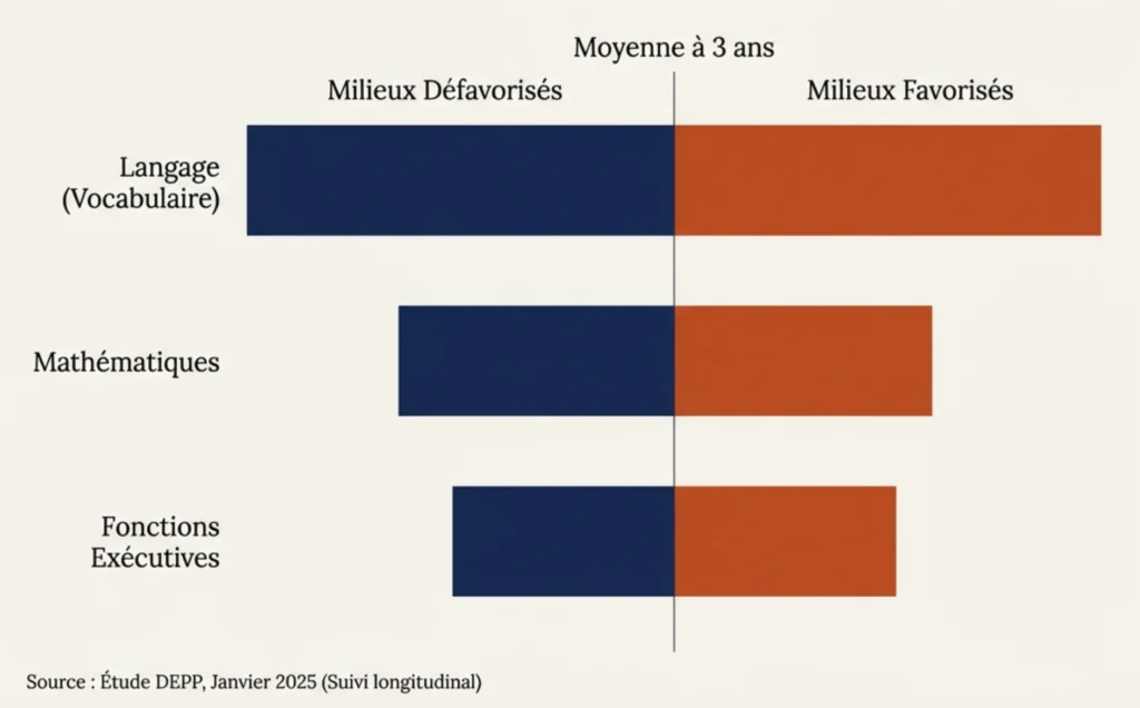 Écart de compétences cognitives entre milieux favorisés et défavorisés dès 3 ans - étude DEPP 2025