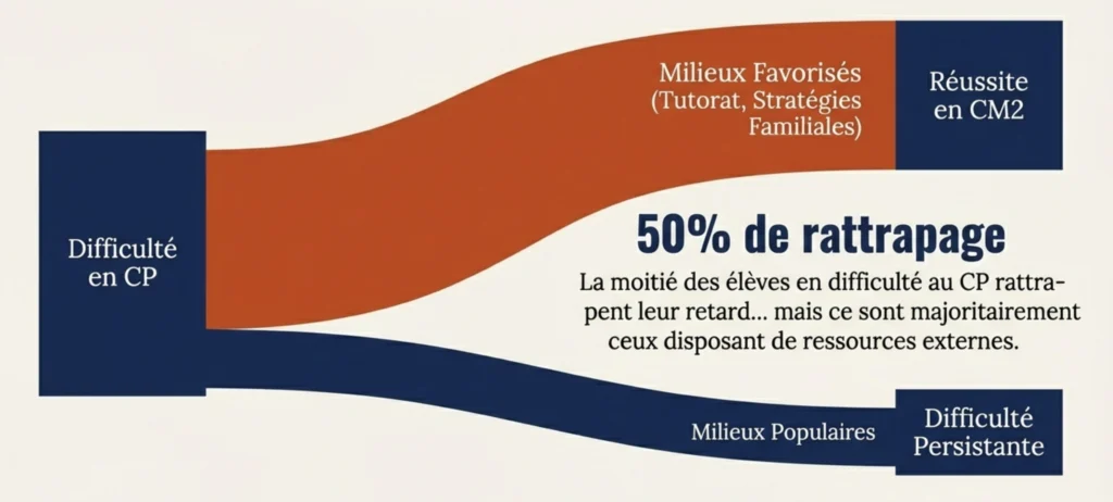 Mobilité scolaire du CP au CM2 selon le milieu social - 50% de rattrapage en milieu favorisé